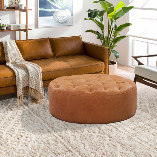 Round Leather Ottoman Pouf