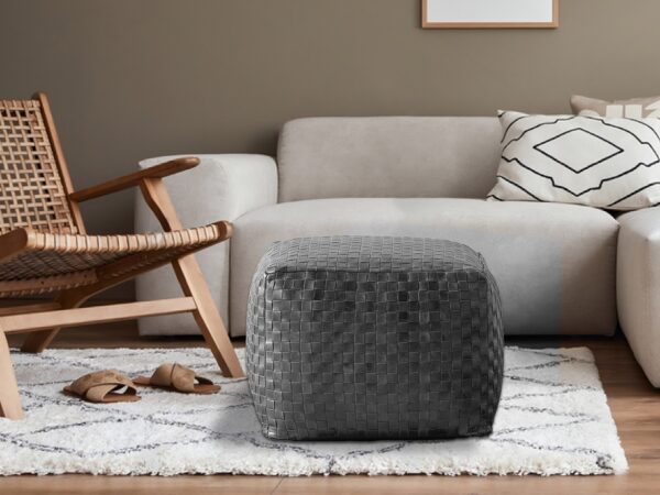 Stuffed Hand-Braided Leather Pouf 14X14X14 inches