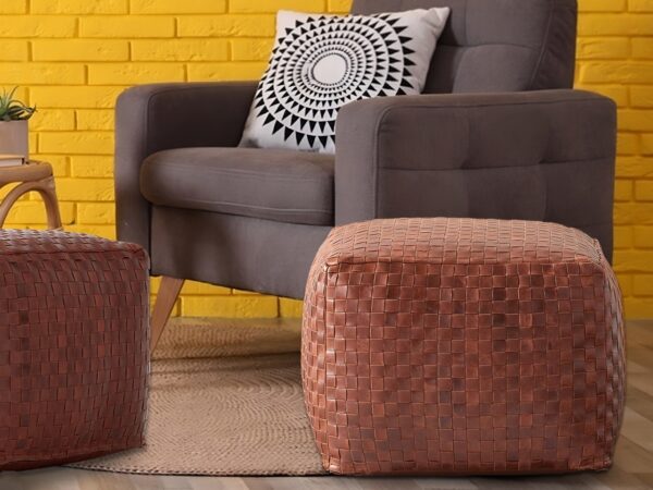 Stuffed Hand-Braided Leather Pouf 14X14X14 inches