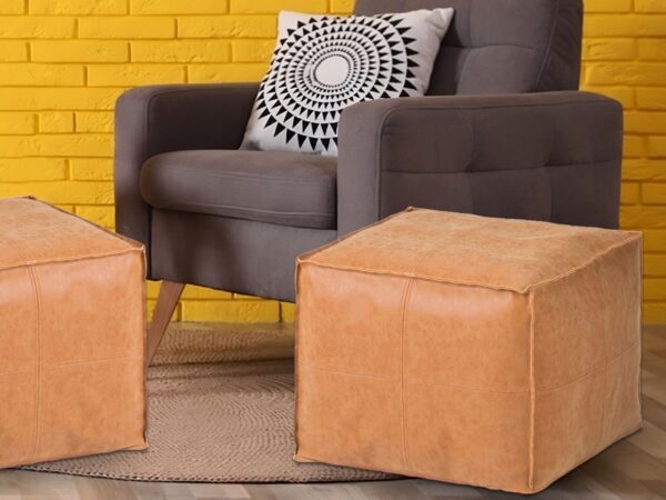 Handcrafted Square Leather Pouf