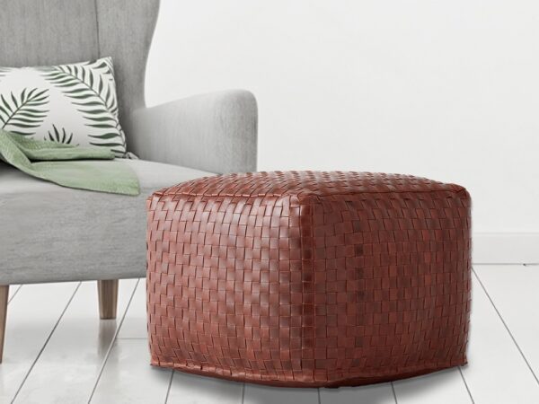 Stuffed Hand-Braided Leather Pouf 14X14X14 inches